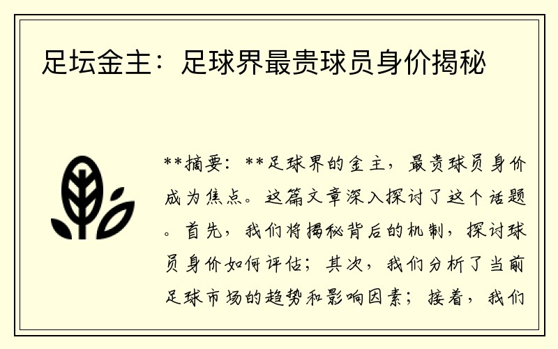 足坛金主：足球界最贵球员身价揭秘