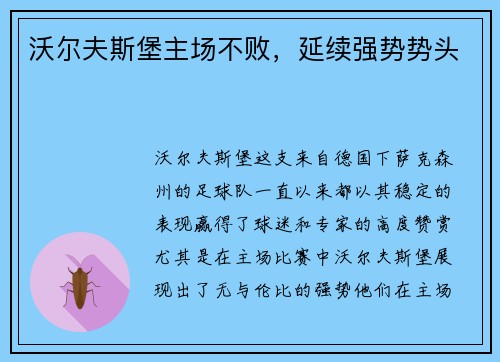 沃尔夫斯堡主场不败，延续强势势头
