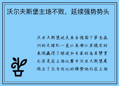 沃尔夫斯堡主场不败，延续强势势头